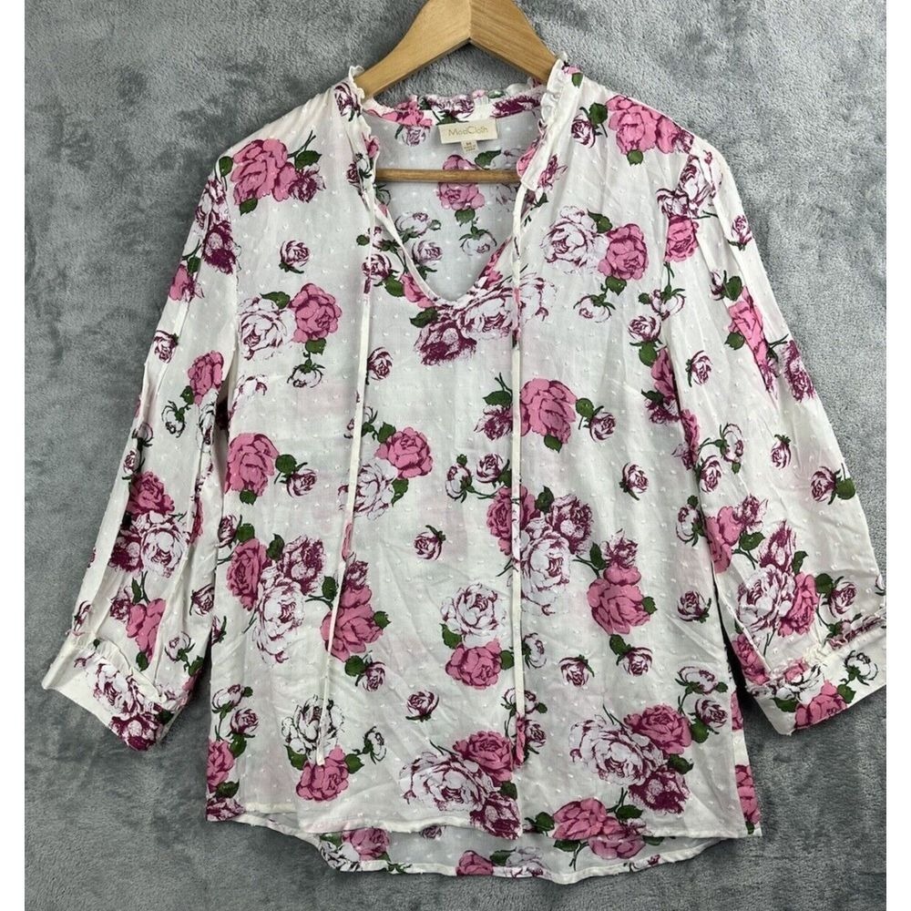 3/$20 ModCloth Feminine Pink Floral Rose Swiss Dot Ruffle Tie Neck Blouse Size M